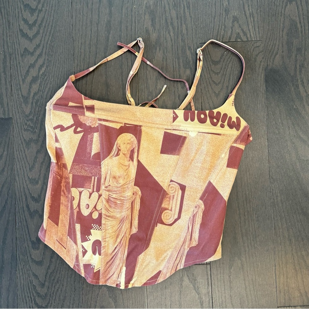 Miaou Sculptural Print Spaghetti Strap Tank Top in Maroon and Mustard